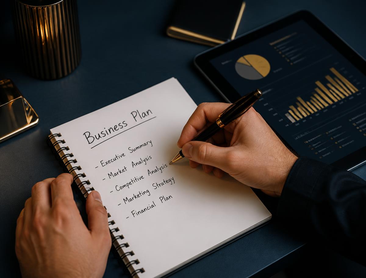 Writing a business plan in a notebook beside a tablet